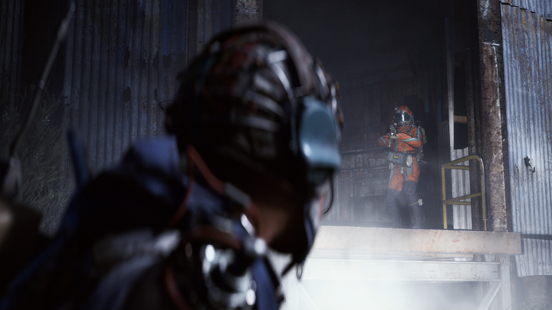 Official ARC Raiders Steam artwork showing one Raider aiming through a doorway while another is out of focus in the foreground