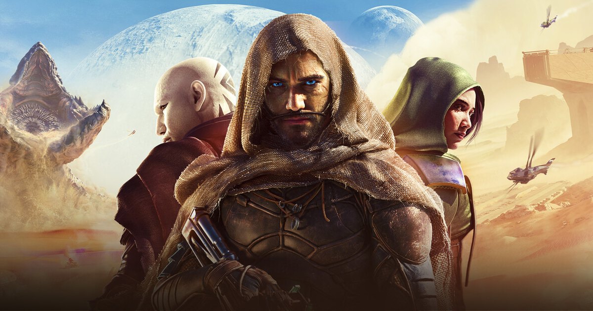 Official Dune: Awakening Steam key art showing three characters standing on Arrakis with a sandworm, ornithopters, and desert structures behind them