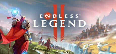 Official ENDLESS Legend 2 Steam header art showing a robed faction leader overlooking a fantasy city and ocean cliffs