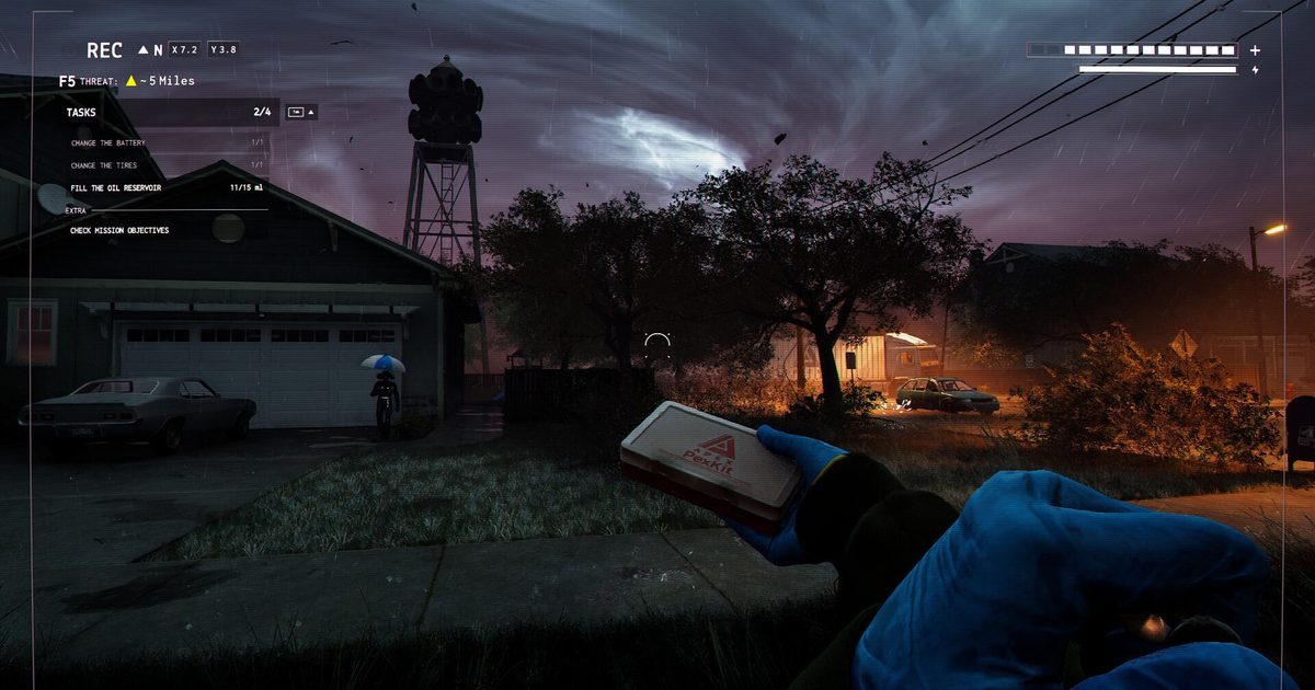 Official Funnel Runners Steam screenshot showing a player facing an approaching tornado in a suburban neighborhood