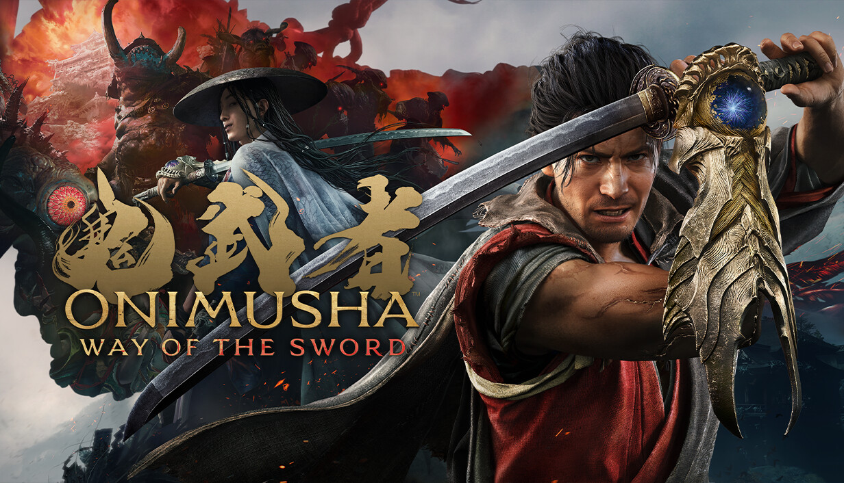 Official Onimusha: Way of the Sword key art showing Miyamoto Musashi raising a sword in front of Genma demons and the game logo