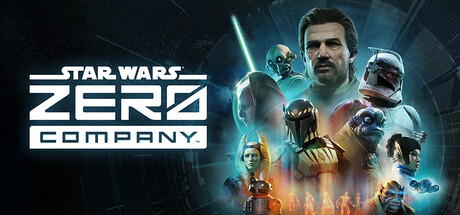 Official Star Wars Zero Company Steam key art showing the game logo beside Hawks, squad members, droids, and a Jedi with a blue lightsaber