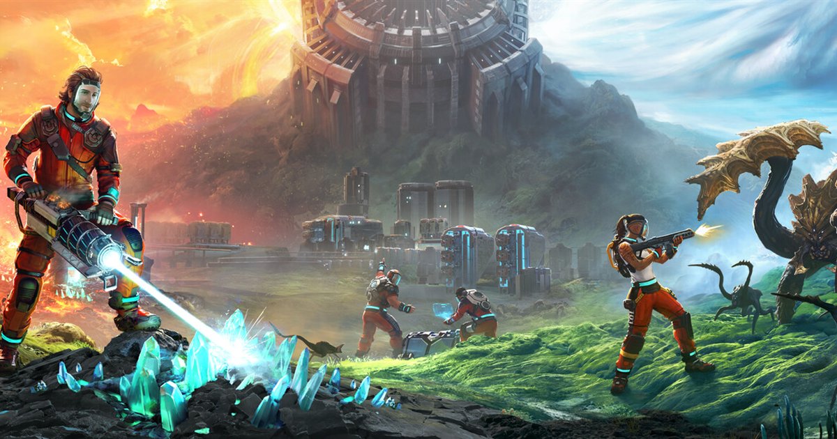 Official StarRupture art showing players mining crystals, building a base, and fighting alien creatures on Arcadia-7