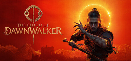 Official The Blood of Dawnwalker Steam header art showing Coen holding a sword against a red eclipse background