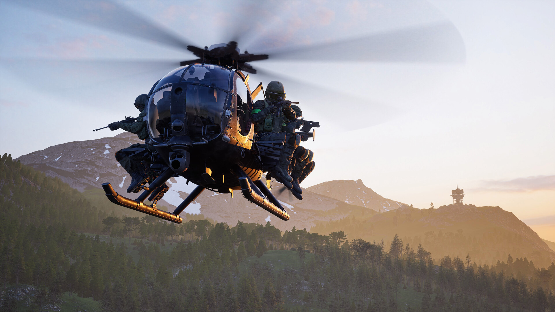 Official WARDOGS Steam screenshot showing armed soldiers riding on a helicopter over a mountain battlefield