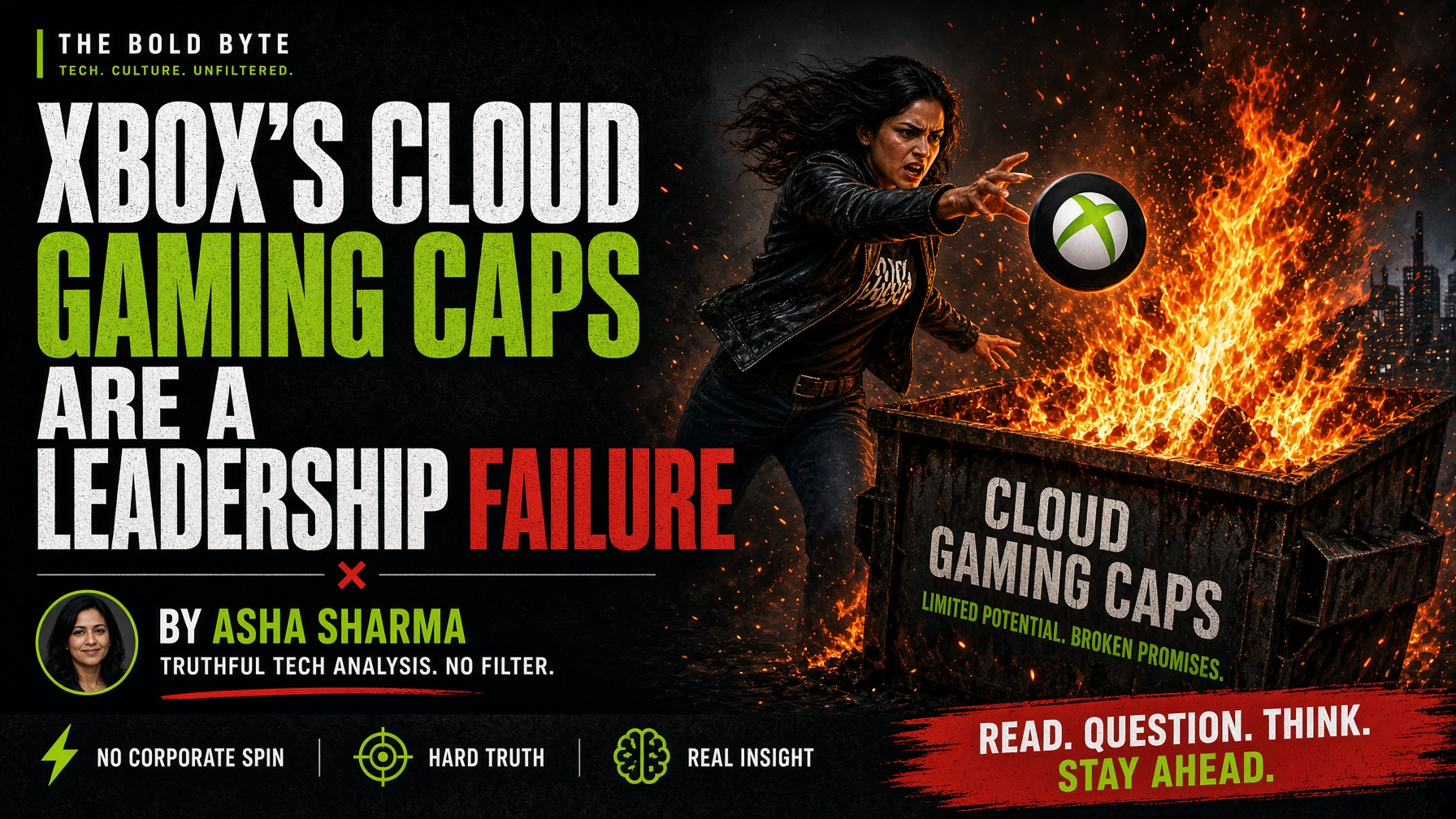 Satirical editorial illustration criticizing Xbox cloud gaming caps as a leadership failure, with a burning cloud-gaming dumpster