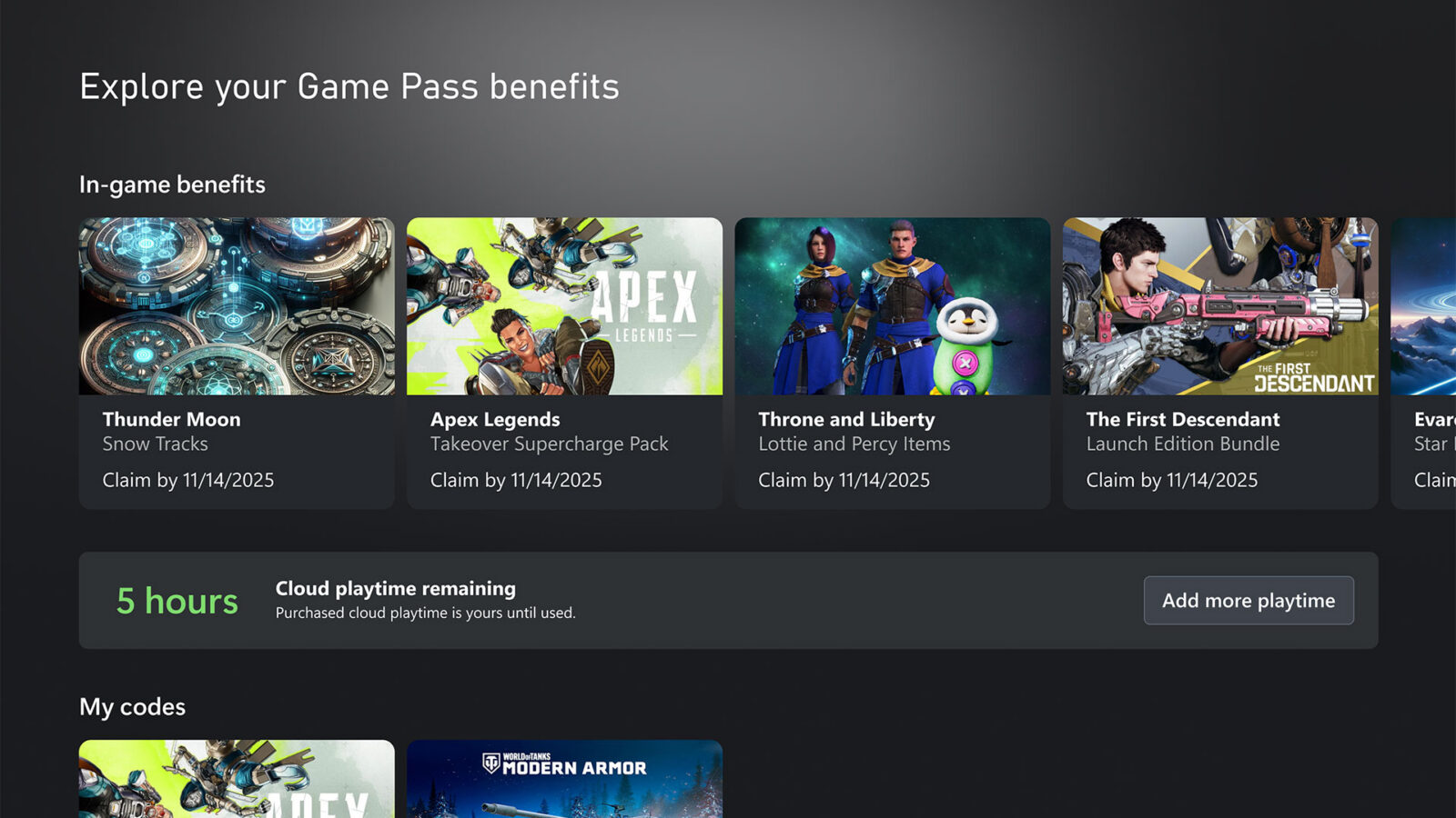 Xbox's published interface illustration shows five hours of cloud playtime remaining beside an Add more playtime button