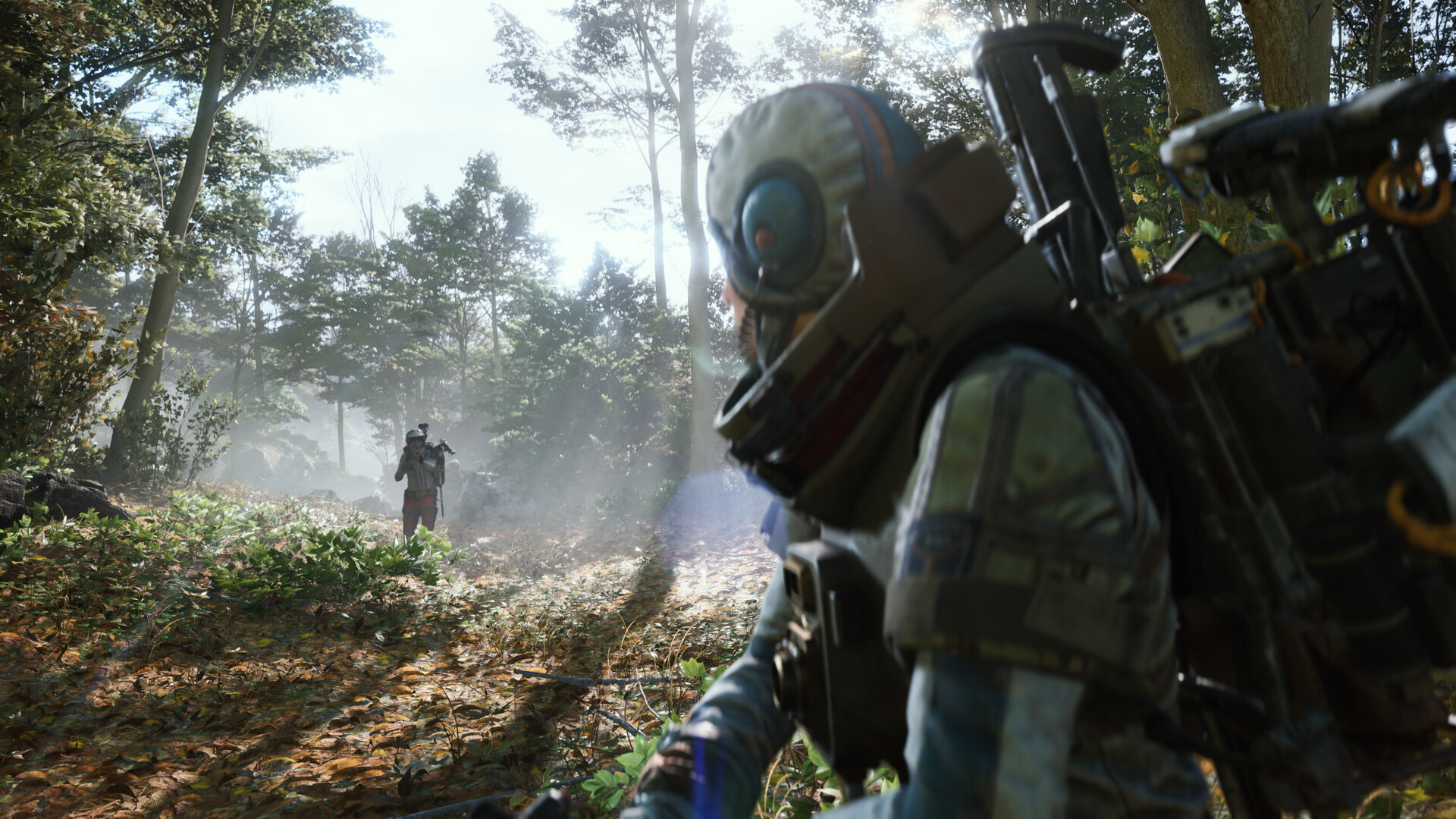 Official ARC Raiders Steam screenshot showing two armed Raiders moving through a sunlit, overgrown forest