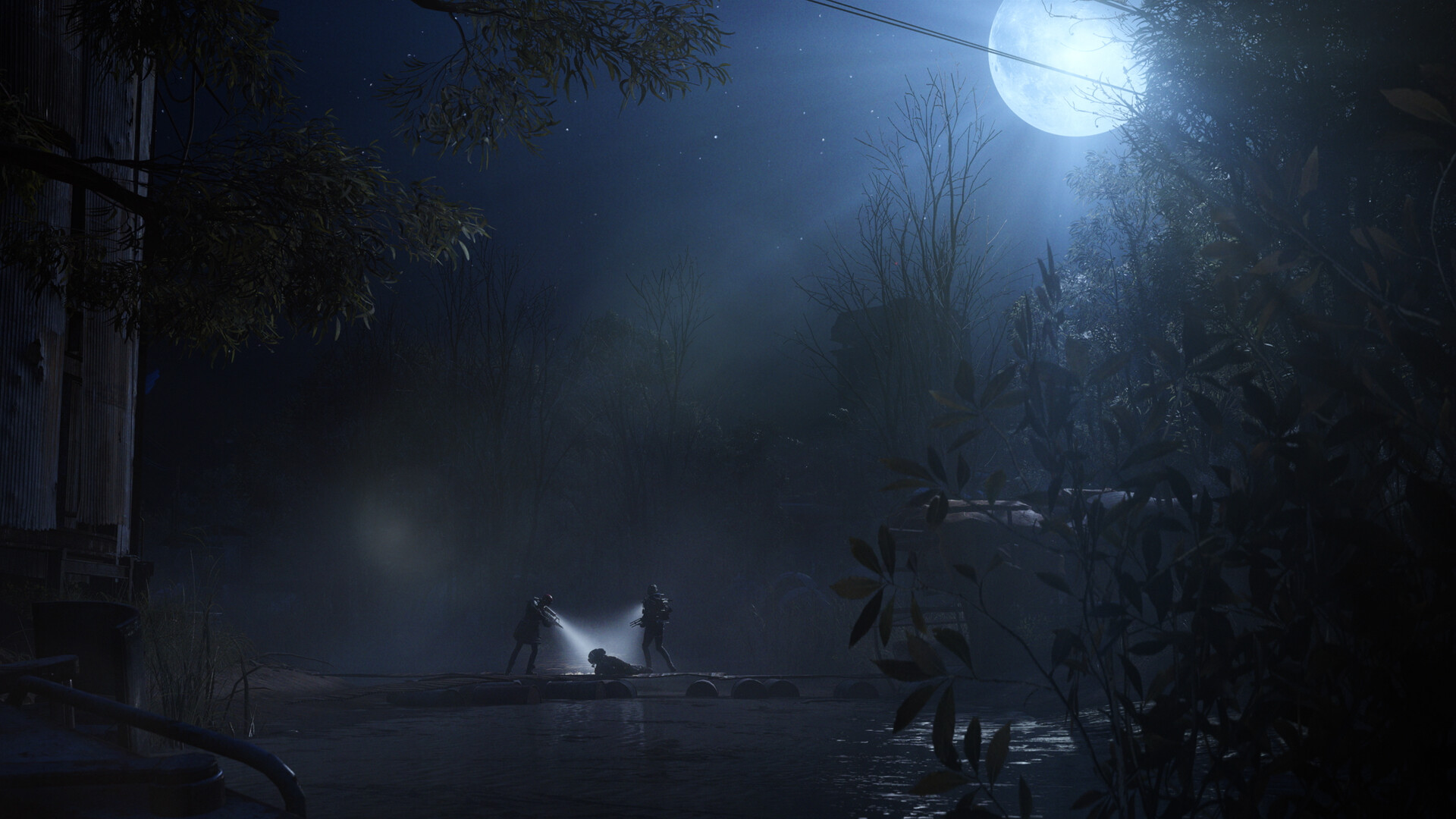 Official ARC Raiders Steam screenshot showing two Raiders with flashlights crossing a moonlit, overgrown industrial area