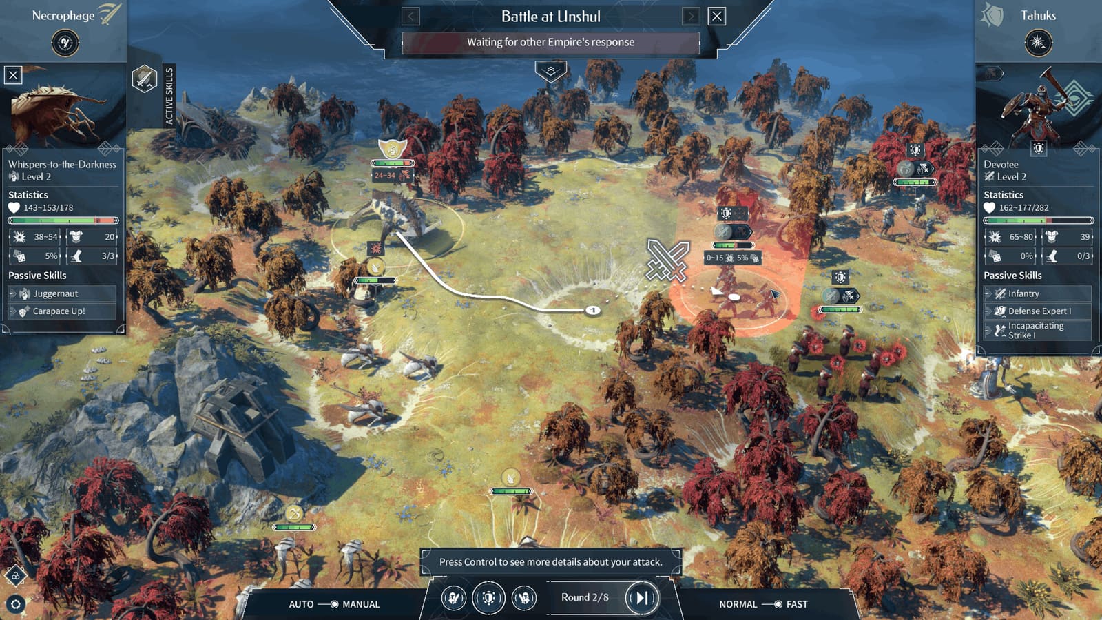 Official ENDLESS Legend 2 Steam screenshot showing a tactical battle between Necrophage and Tahuks units on a forested battlefield