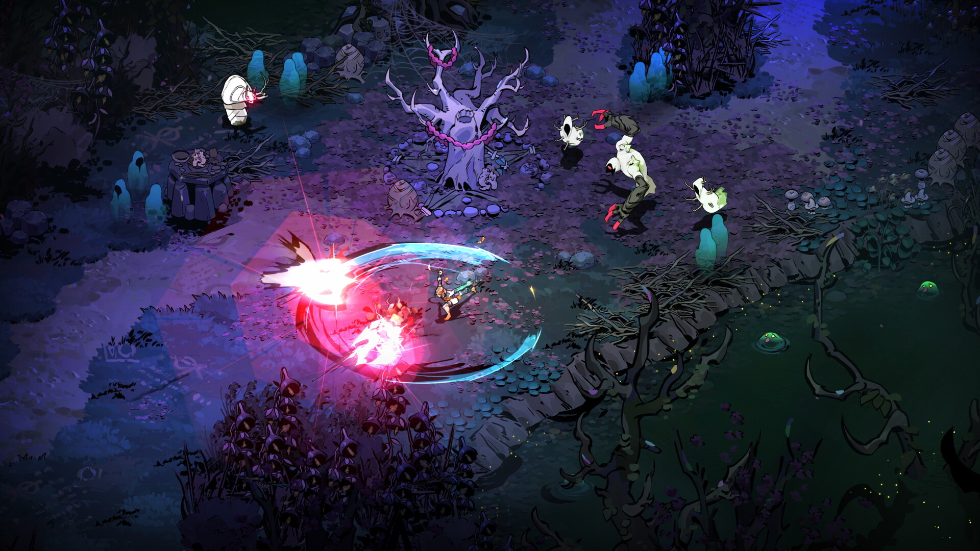 Official Hades II Steam screenshot showing Melinoe fighting enemies in a moonlit forest arena with bright weapon effects