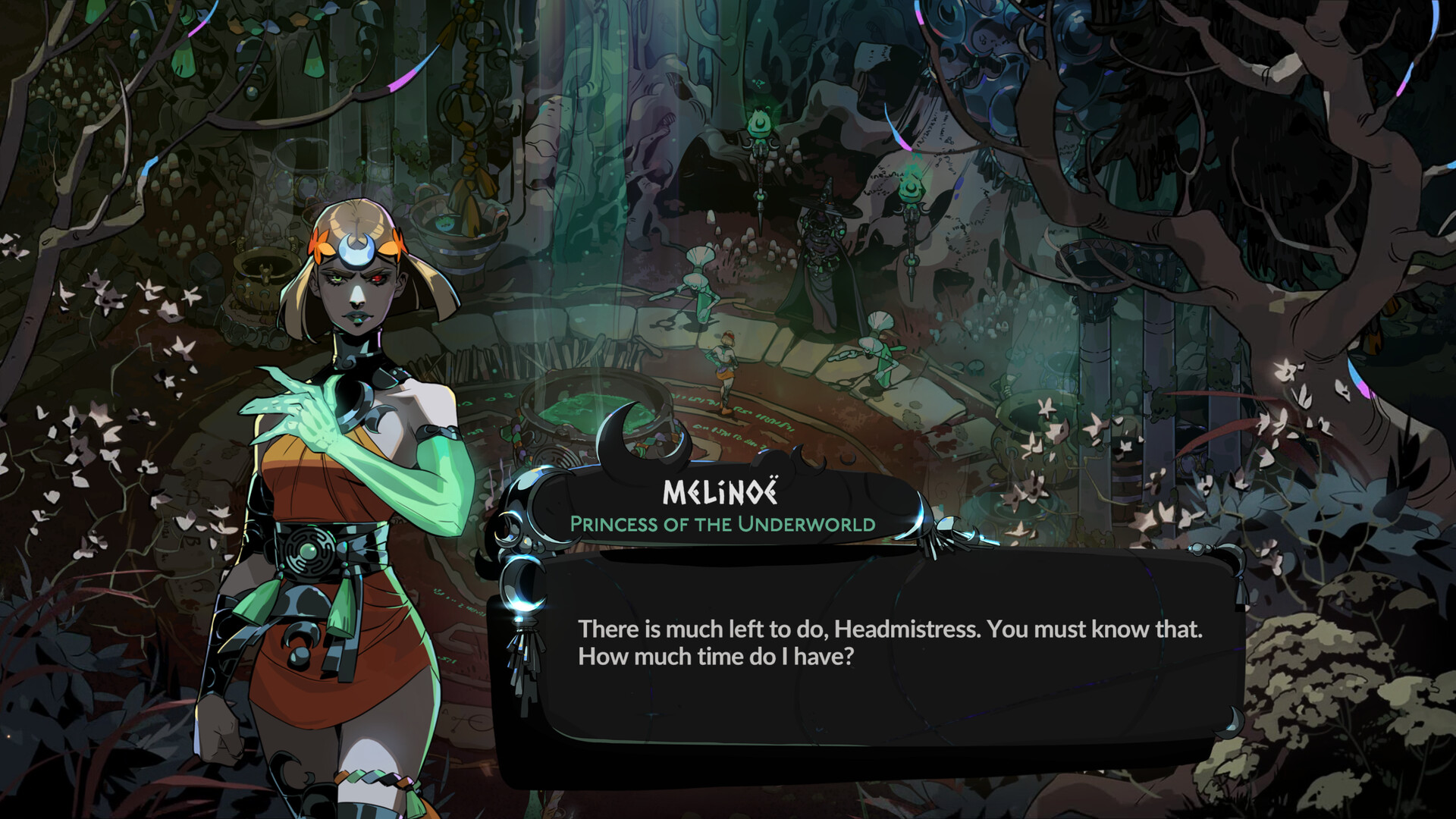 Official Hades II Steam screenshot showing Melinoe speaking in the Crossroads hub with dialogue text over a moonlit sanctuary