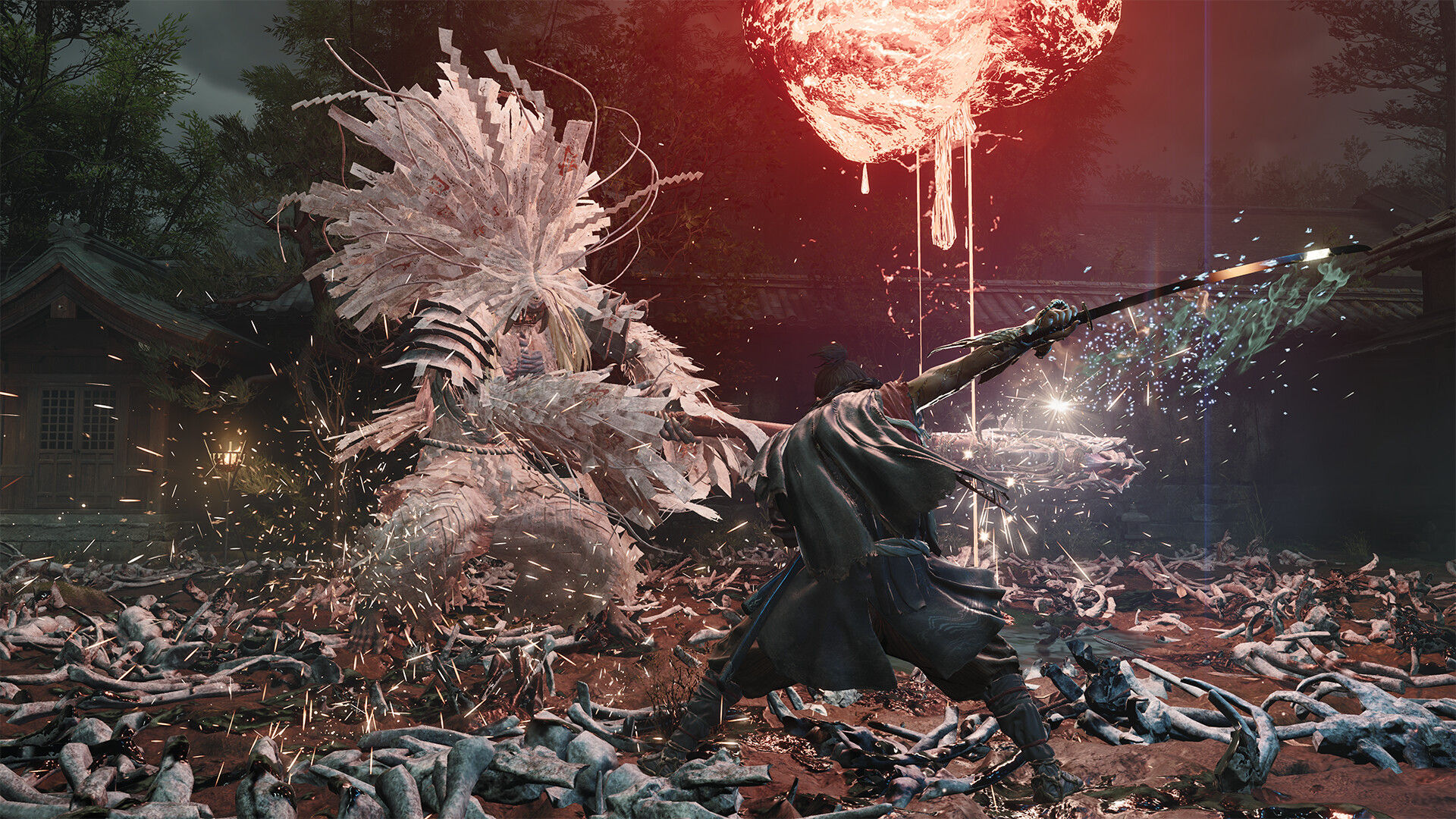 Official Onimusha: Way of the Sword Steam screenshot showing Musashi striking a large white Genma enemy under a red moon