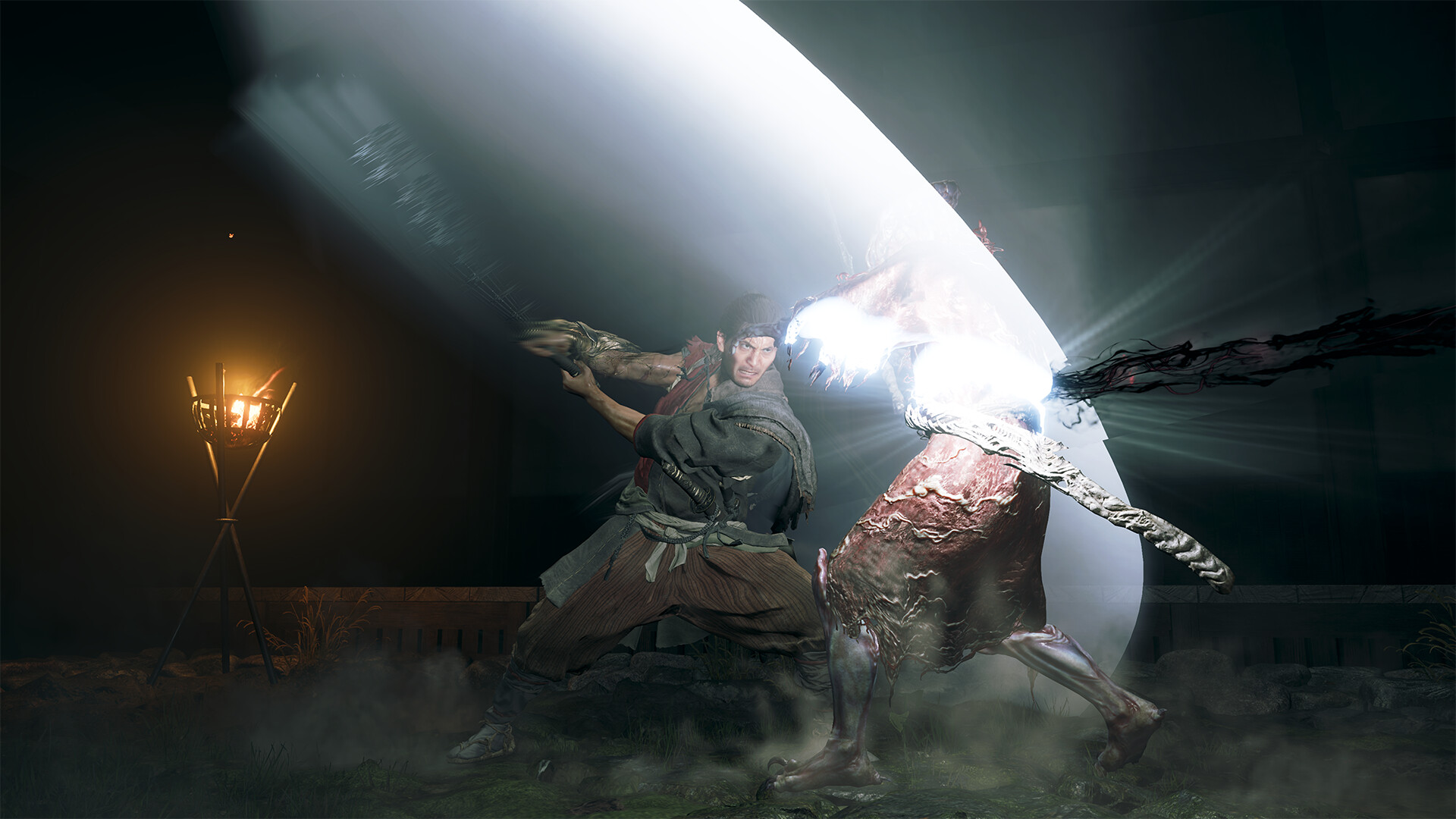 Official Onimusha: Way of the Sword Steam screenshot showing Musashi slashing a Genma enemy inside a dark building