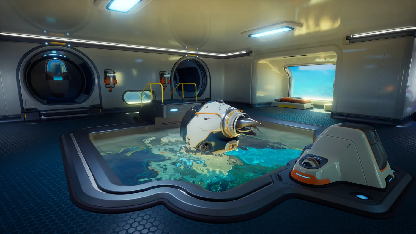 Subnautica 2 base interior with a small submersible parked inside