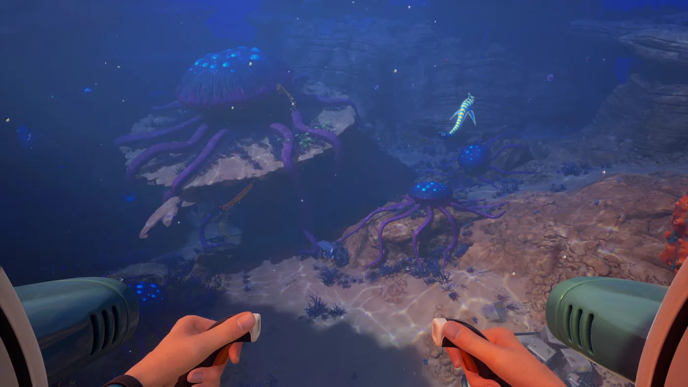 Subnautica 2 diver looking down into a dark biome with a large alien creature nearby