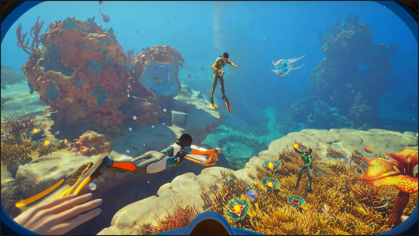 Subnautica 2 diver and underwater vehicle crossing a colorful alien reef