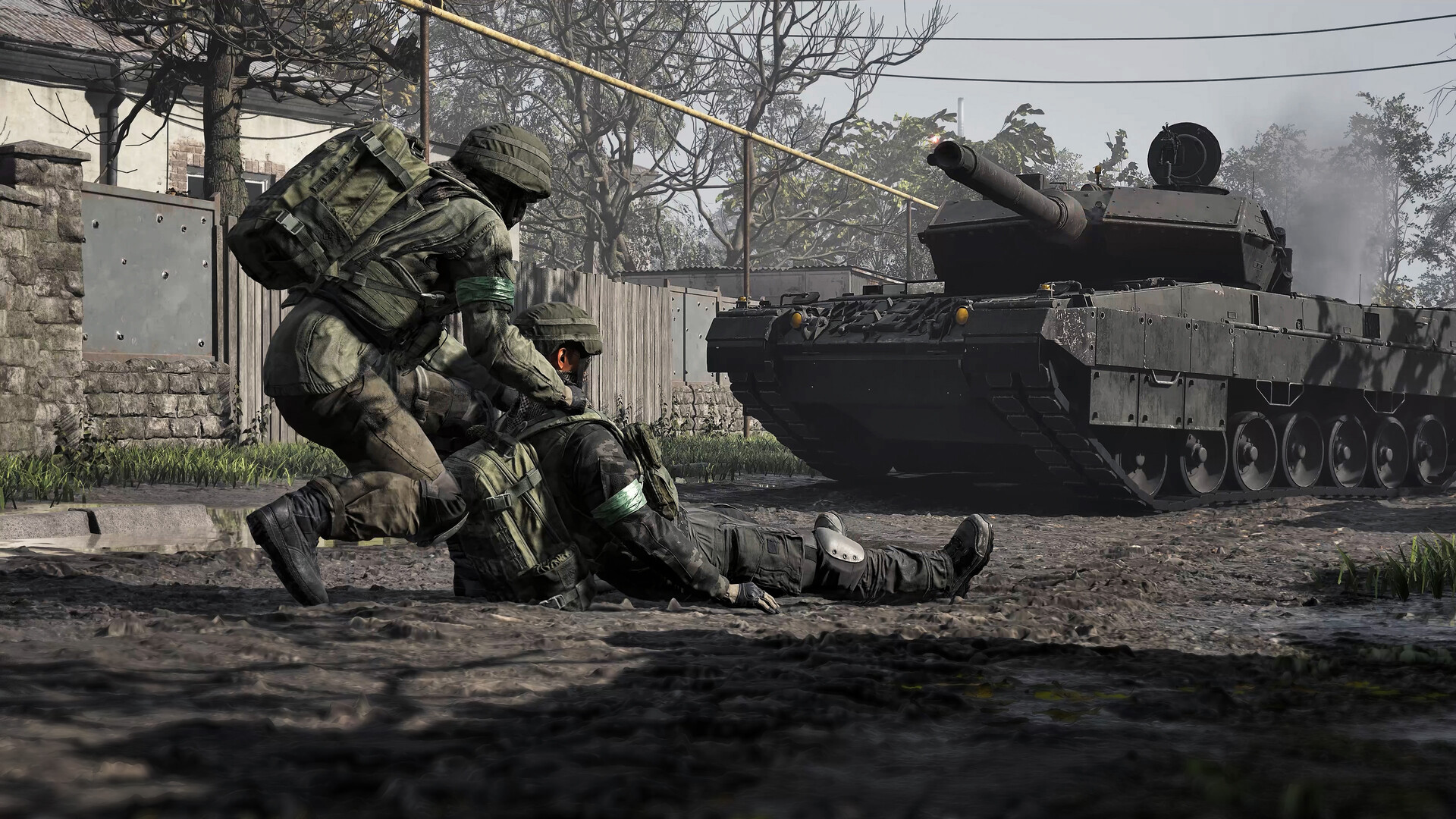 Official WARDOGS Steam screenshot showing one soldier reviving another near a tank firing on a muddy street